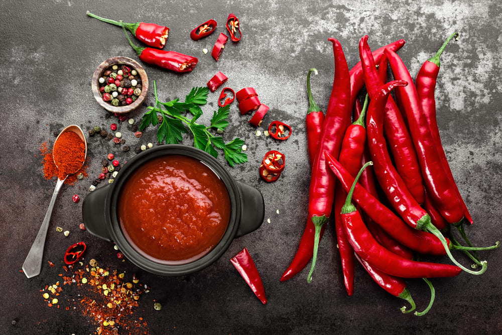 Various chilli hot sauce ingredients