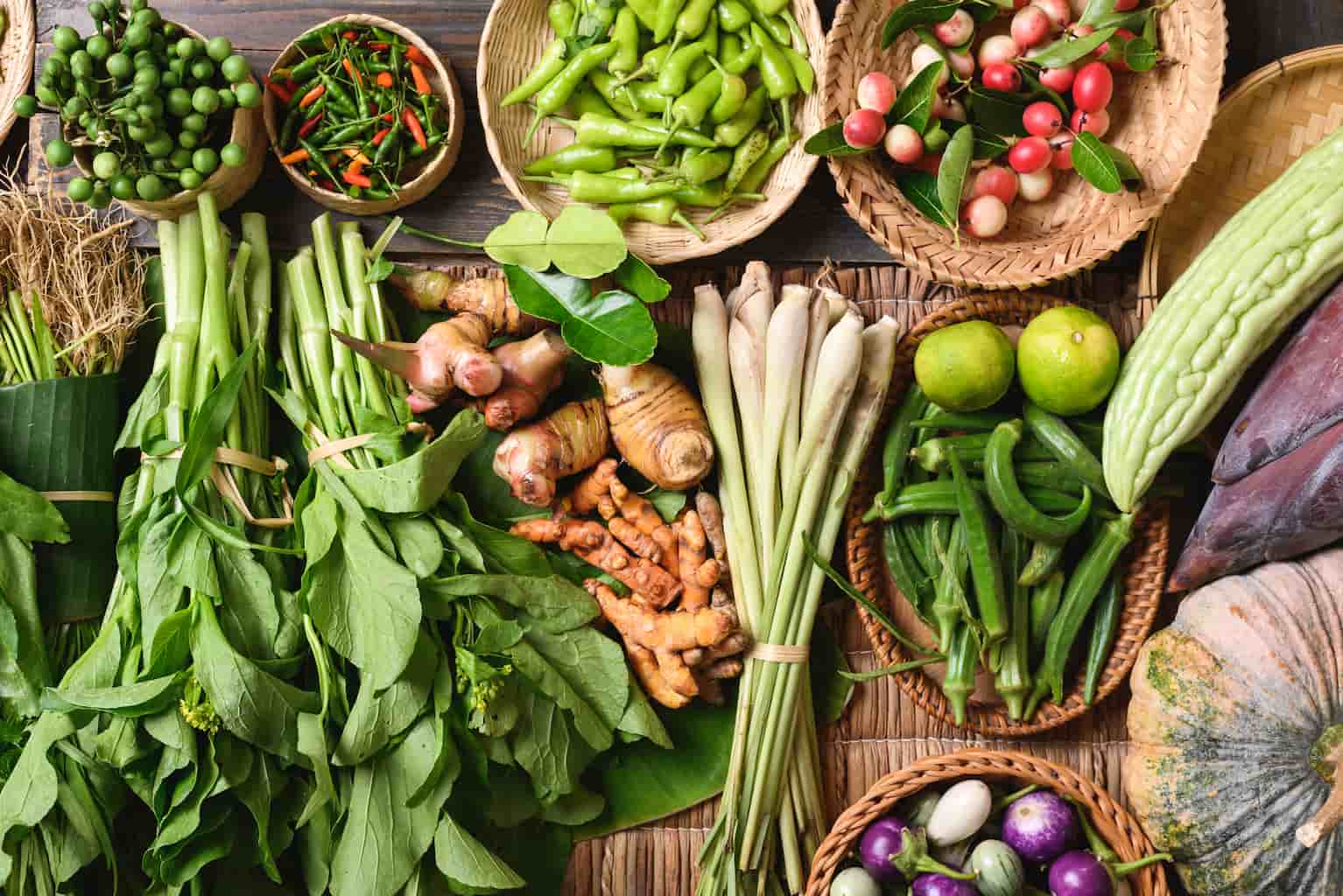 Fresh Thai vegetables and herbs.